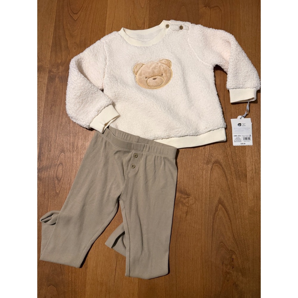Cloud Island Baby Sherpa Bear Sweatshirt and Ribbed Leggings Set Cream Tan 24M